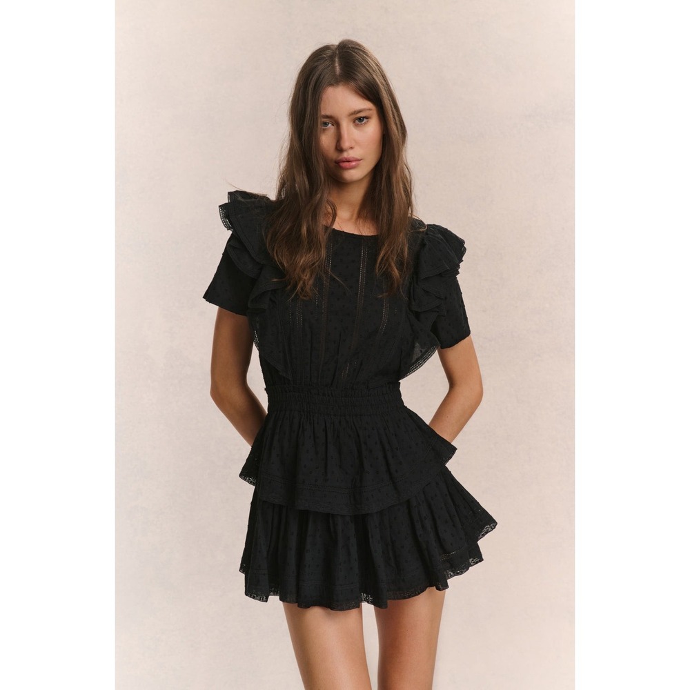 LoveShackFancy Mini Dress‎ Womens Medium Black Natasha Heritage Eyelet Ruffle - Picture 2 of 9